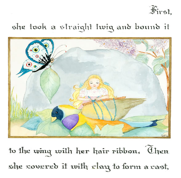 First, she took a straight twig and bound it to the wing with her hair ribbon.  Then she covered it with clay to form a cast.